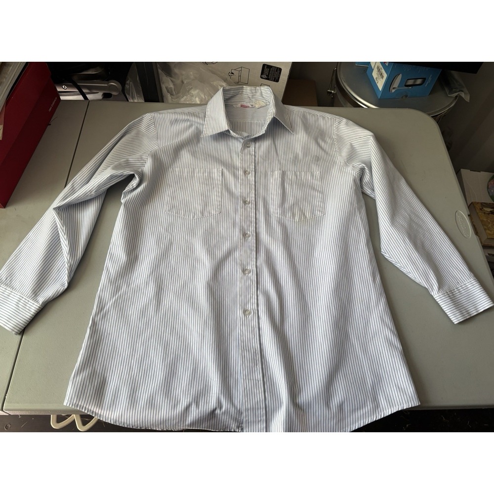 Mens Unitog Blue White Pinstripe LS Button Up Work Shirt Tag 16 16.5 Vintage
